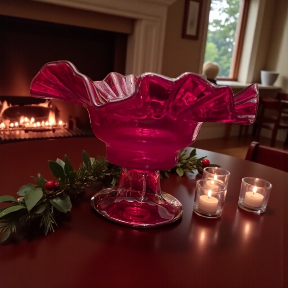 Vintage Fenton Ruby Red Thumbprint Glass Compote Ruffled Candy Dish - Picture 6 of 14